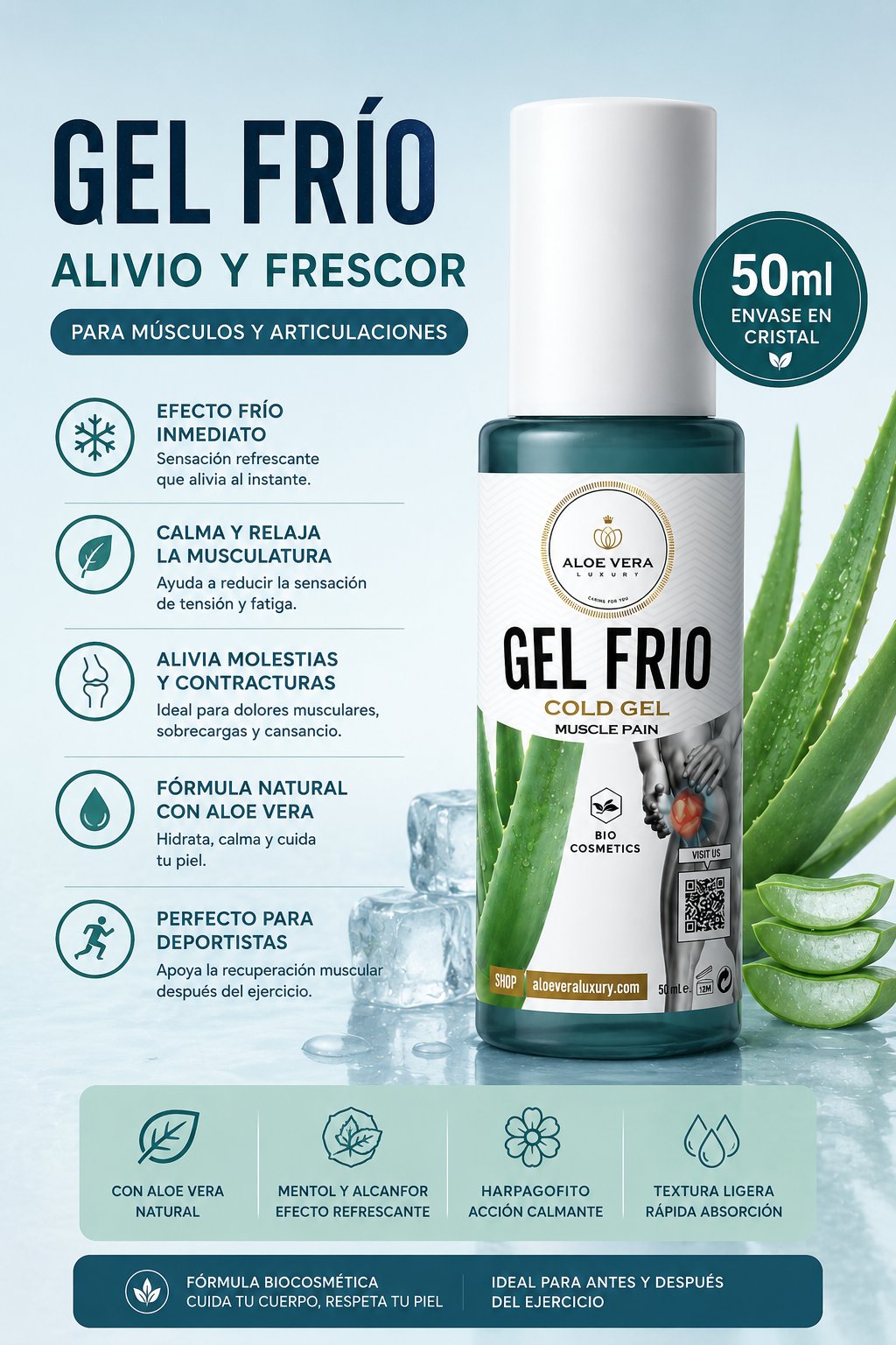 Gel frío muscular con aloe vera, árnica y harpagofito