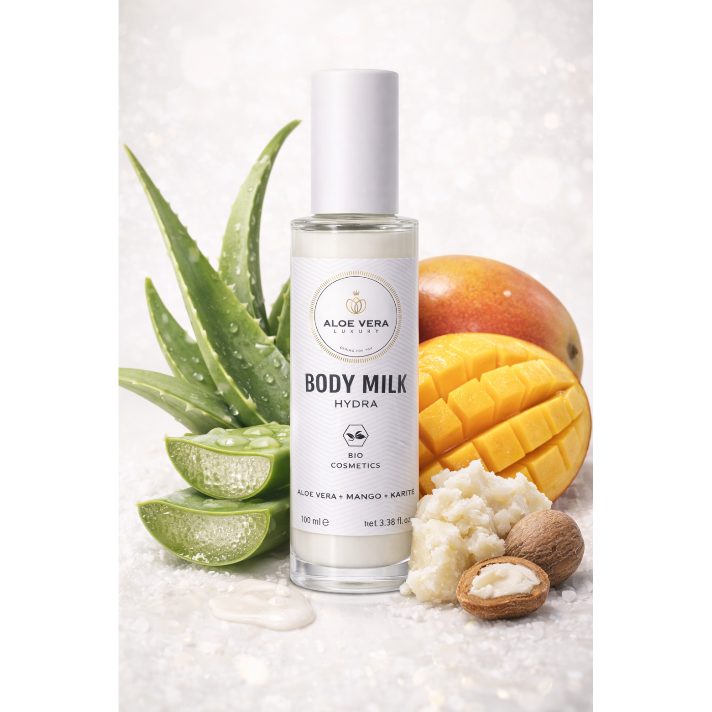 Leche corporal hidratante con aloe vera, mango y manteca de karité