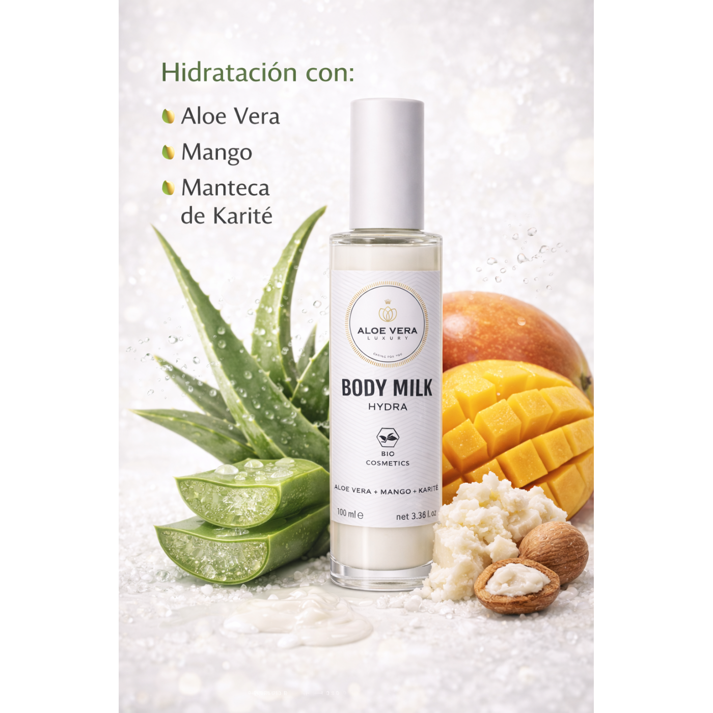 Leche corporal hidratante con aloe vera, mango y manteca de karité